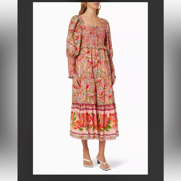 FARM Rio Dresses & Skirts - Farm Rio Women's Red Macaw Flight Smocked Cotton Midi Dress XS